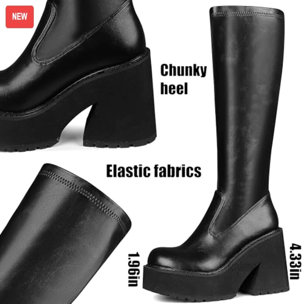 Women's Knee High Platform Boots with Chunky Heel, Zipper & Elastic Leather - Picture 4 of 7